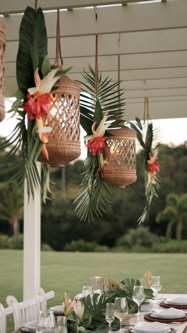 Hanging lanterns decorated with flowers and greenery in a tropical setting