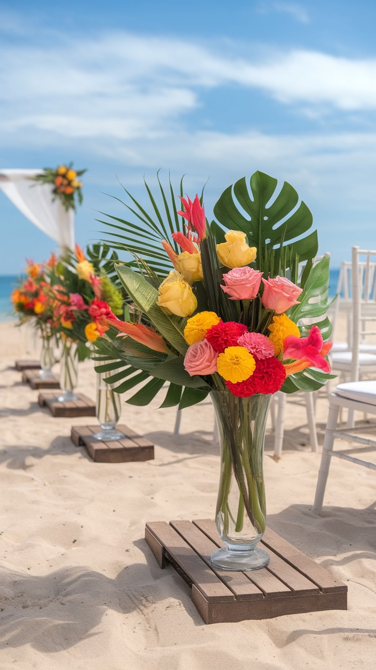 Tropical floral arrangements in vases on a sandy beach for a wedding