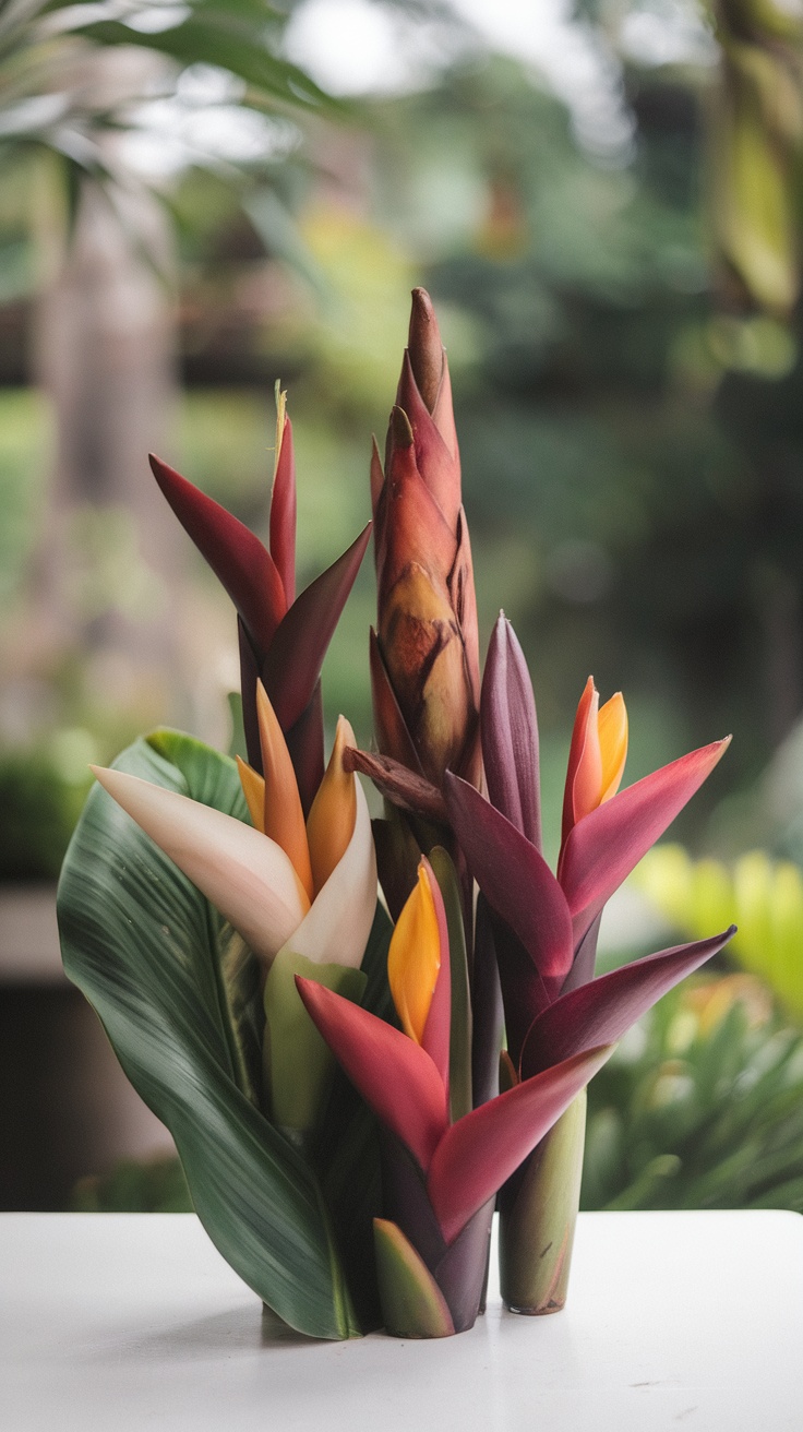 A vibrant arrangement of tropical flowers in various colors, showcasing unique shapes and lush greenery.