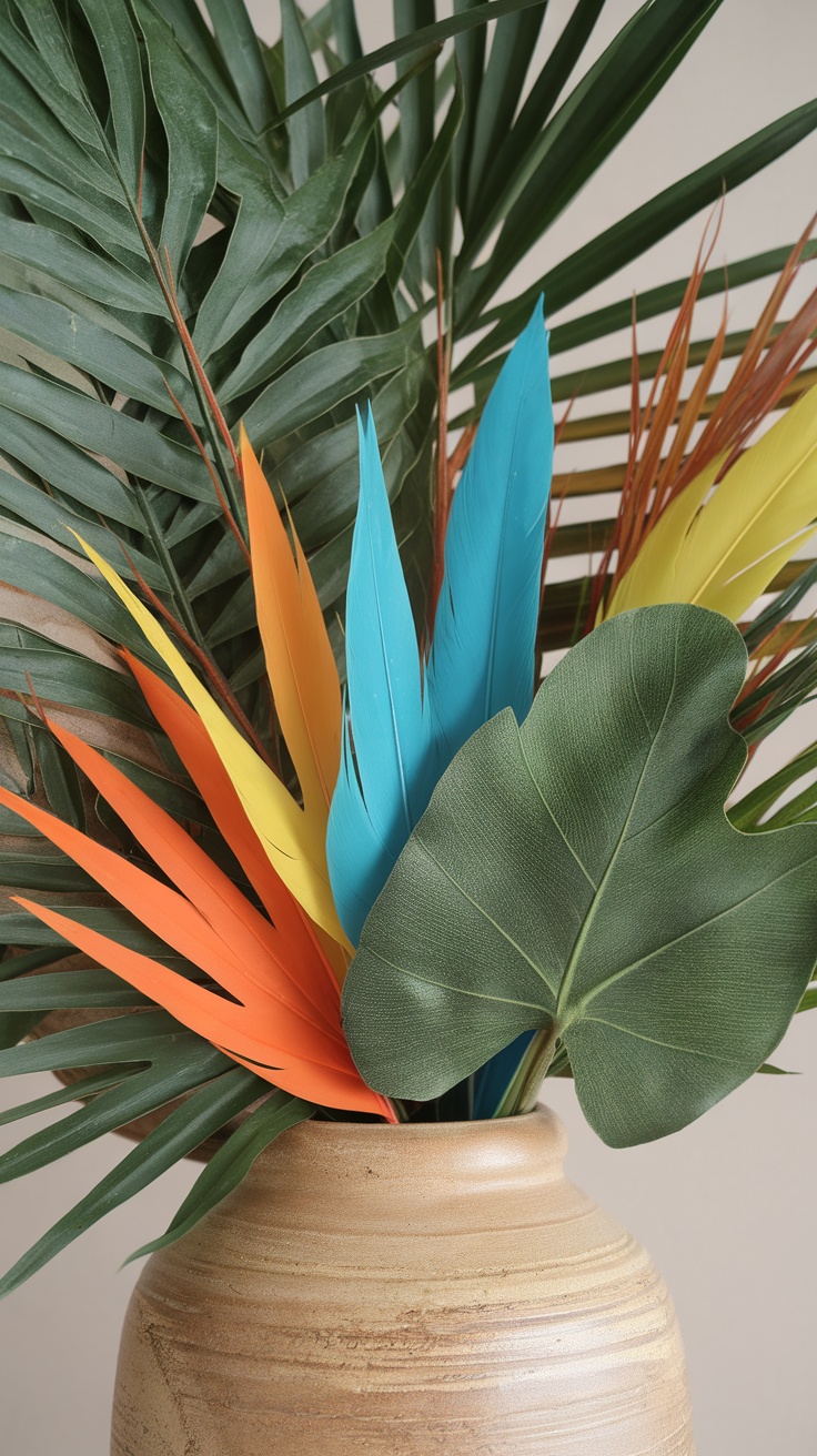 A vibrant arrangement of tropical leaves and colorful feathers in a ceramic vase.