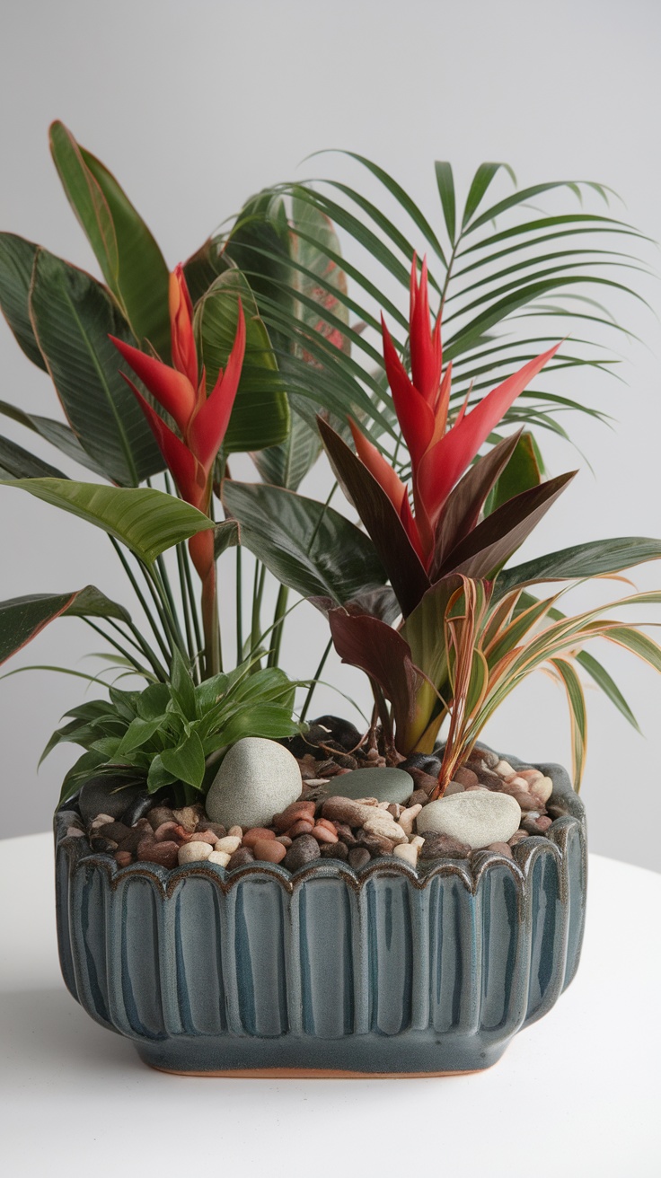 A vibrant tropical miniature garden featuring heliconia, palm leaves, and decorative stones in a stylish pot.