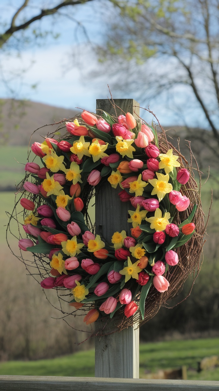 A vibrant wreath made of pink tulips and yellow daffodils, hanging on a wooden post against a rural backdrop.