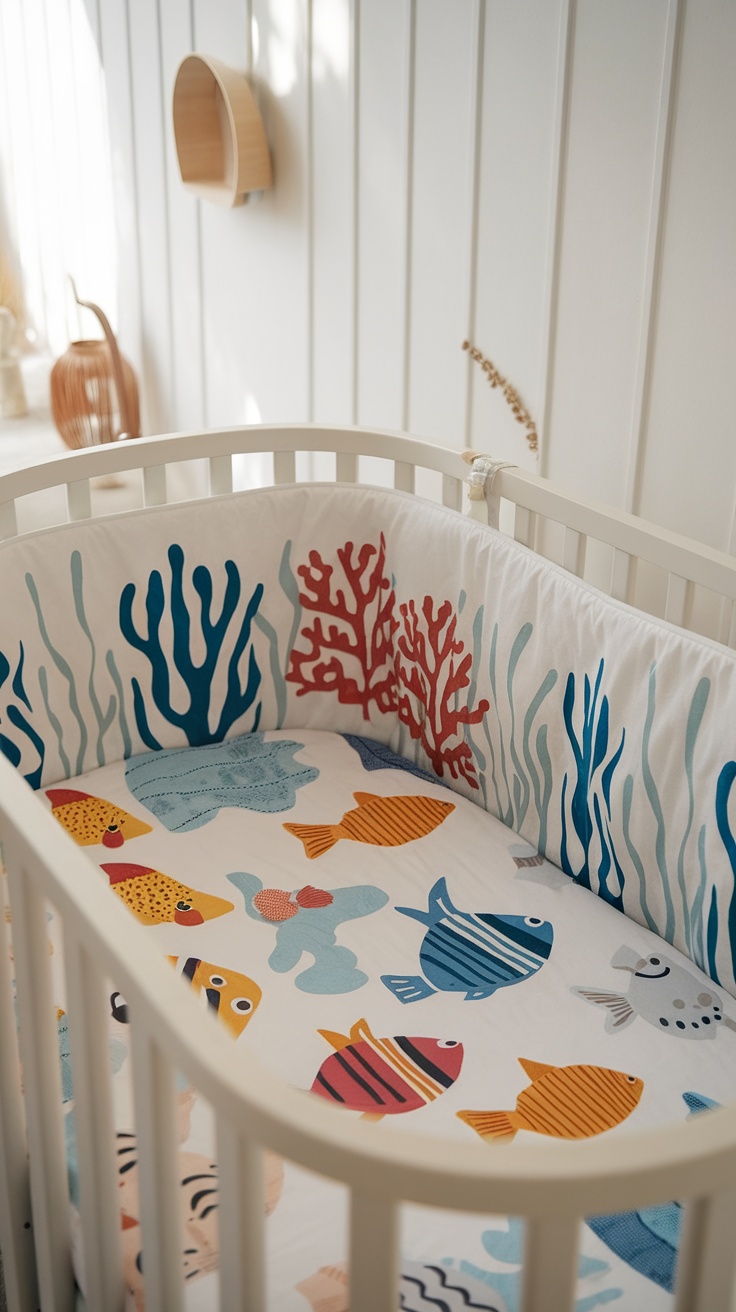 Colorful under-the-sea themed bedding in a crib