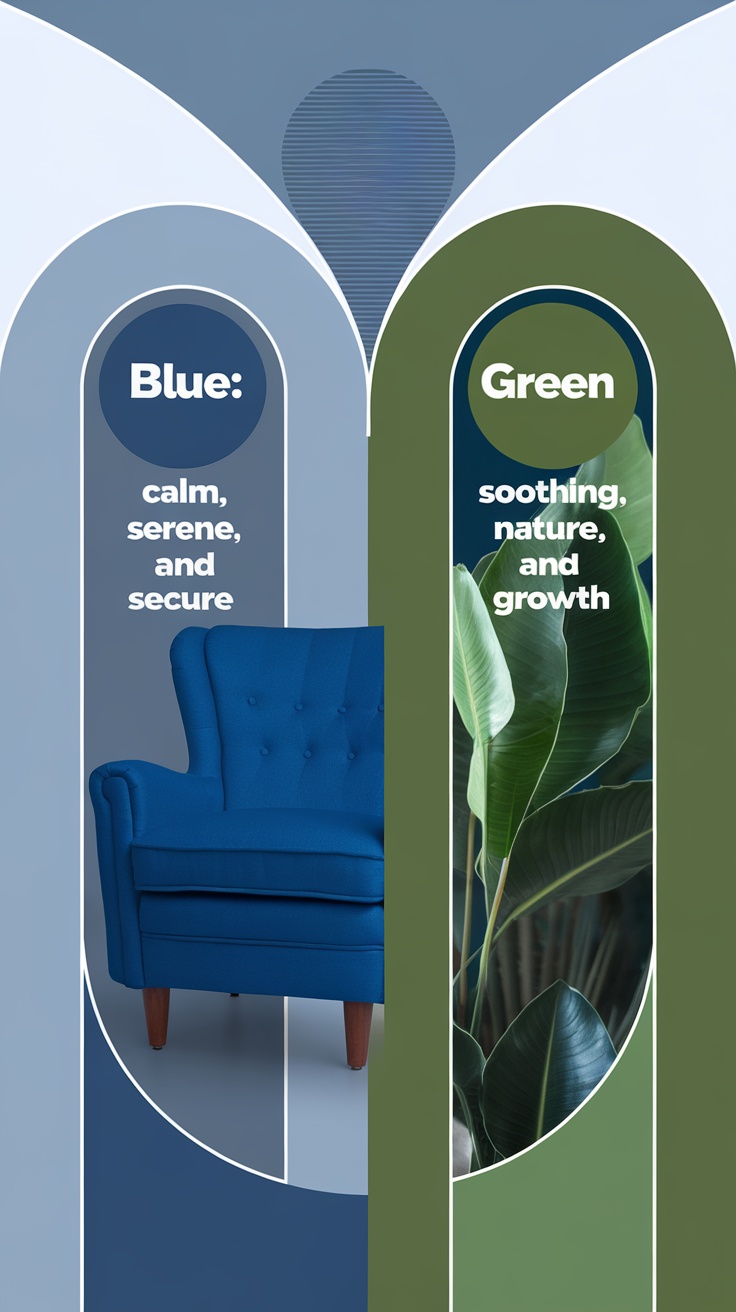 A visual representation highlighting the color psychology of blue and green for a living room, featuring a blue chair and green foliage.