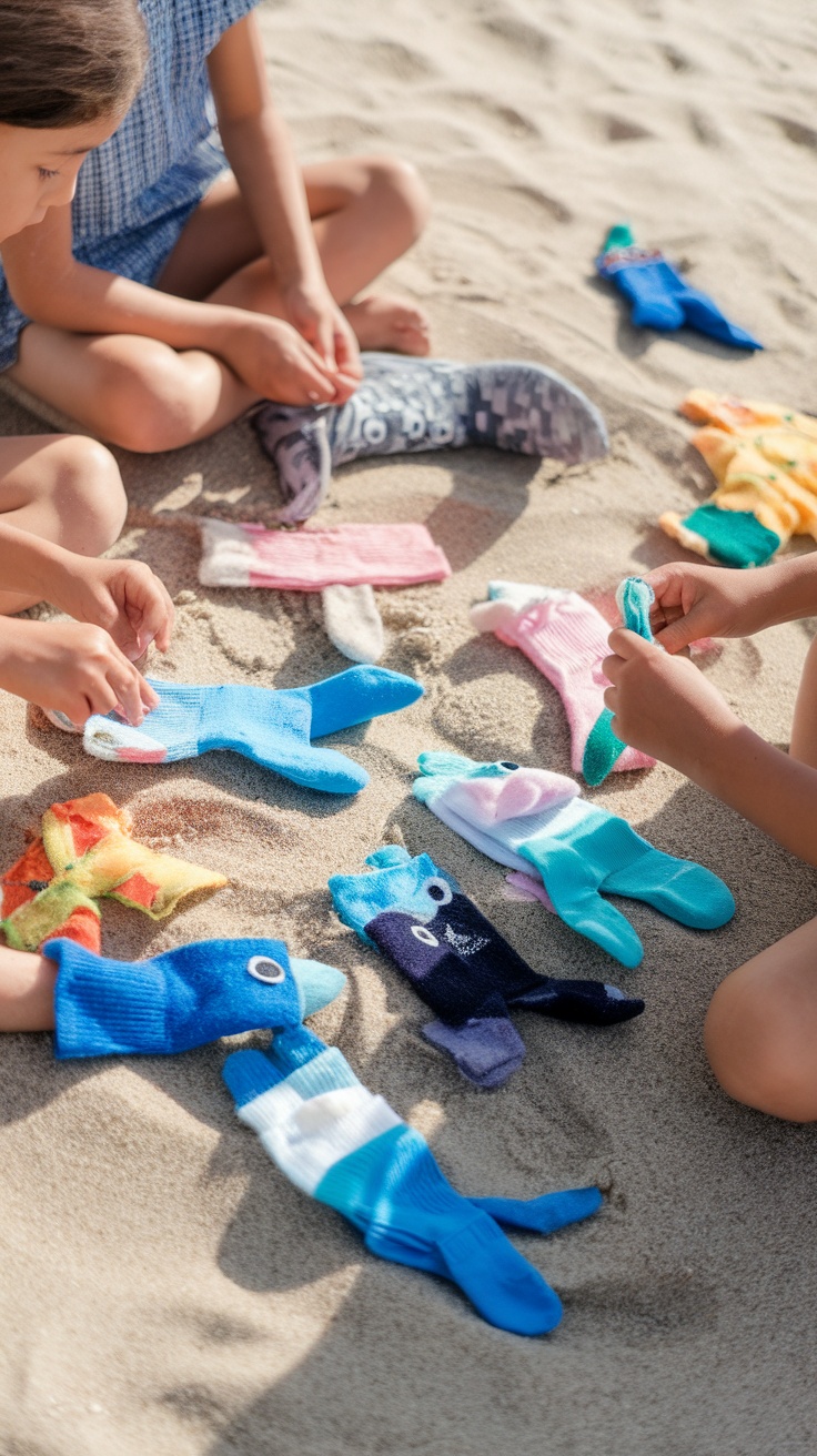 Children making underwater-themed puppets with colorful socks on the beach.