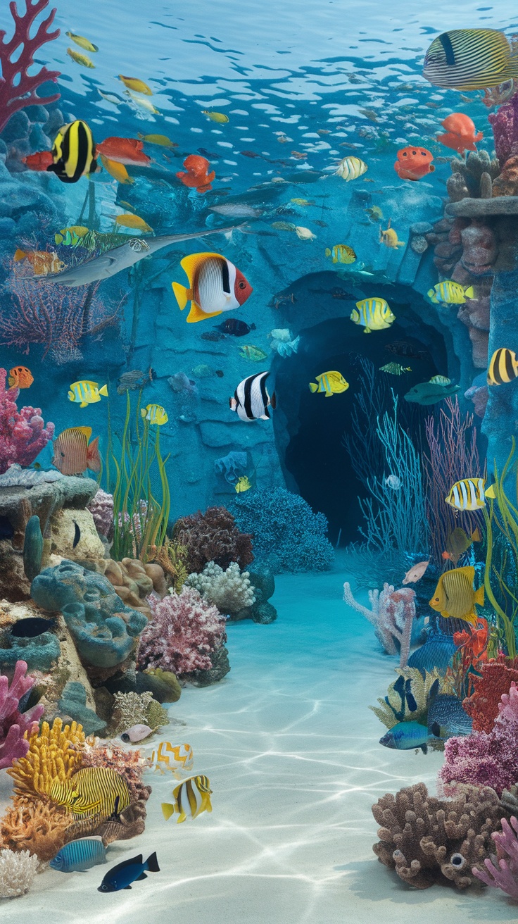 Colorful underwater scene featuring various fish and coral in a vibrant ocean setting.