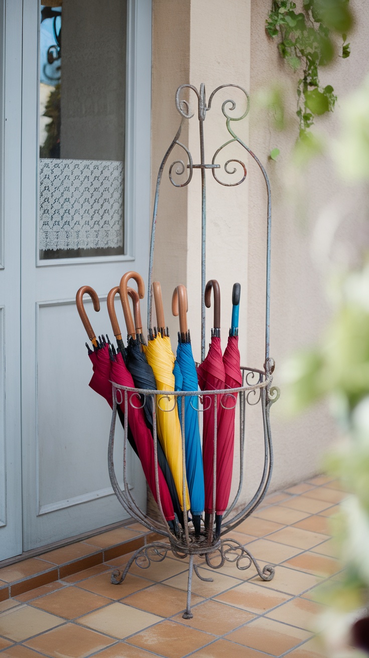 A decorative metal umbrella stand holding colorful umbrellas in an entryway.