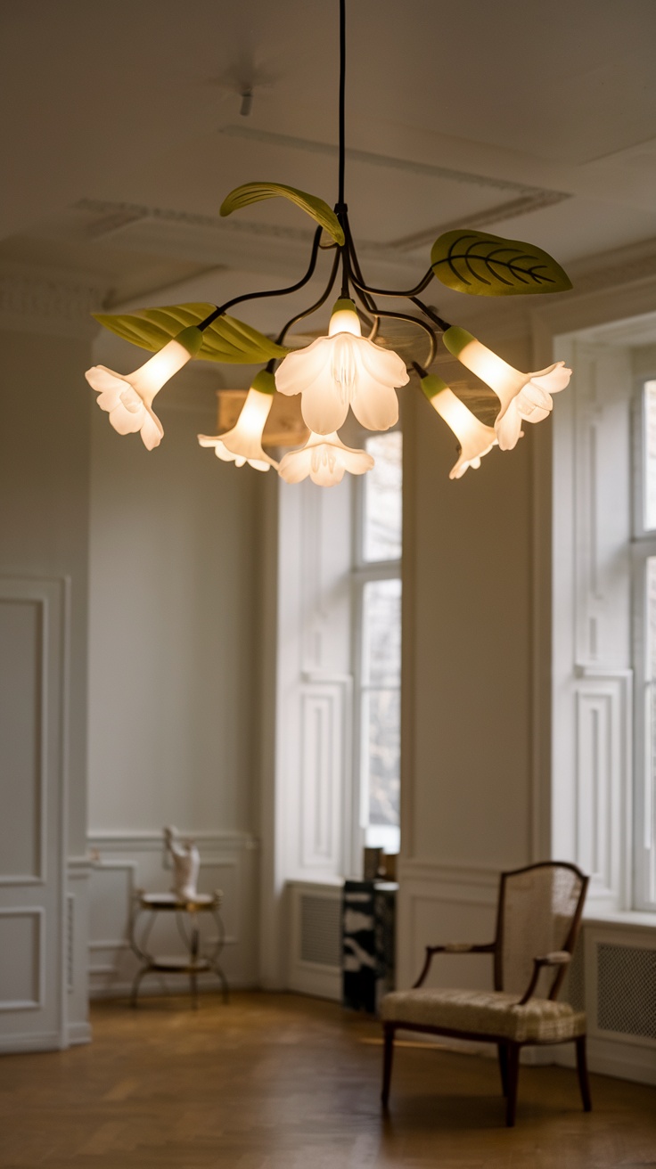 A floral chandelier with white lights and green leaves in a bright room with windows.
