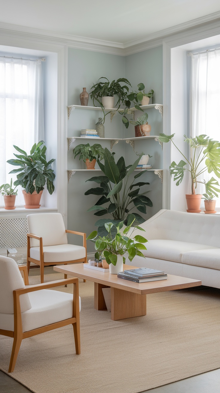 A cozy living room with indoor plants and a modern coffee table.