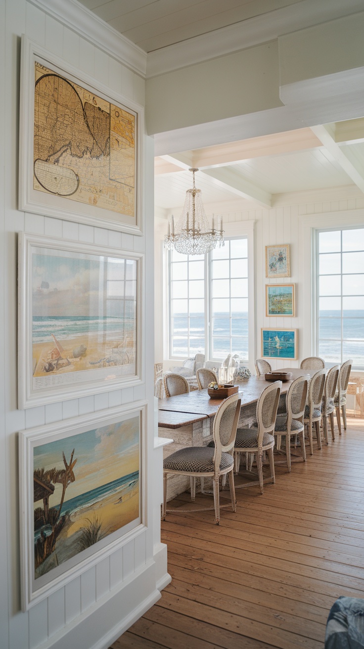 A coastal dining room featuring nautical-themed wall art and a view of the ocean.