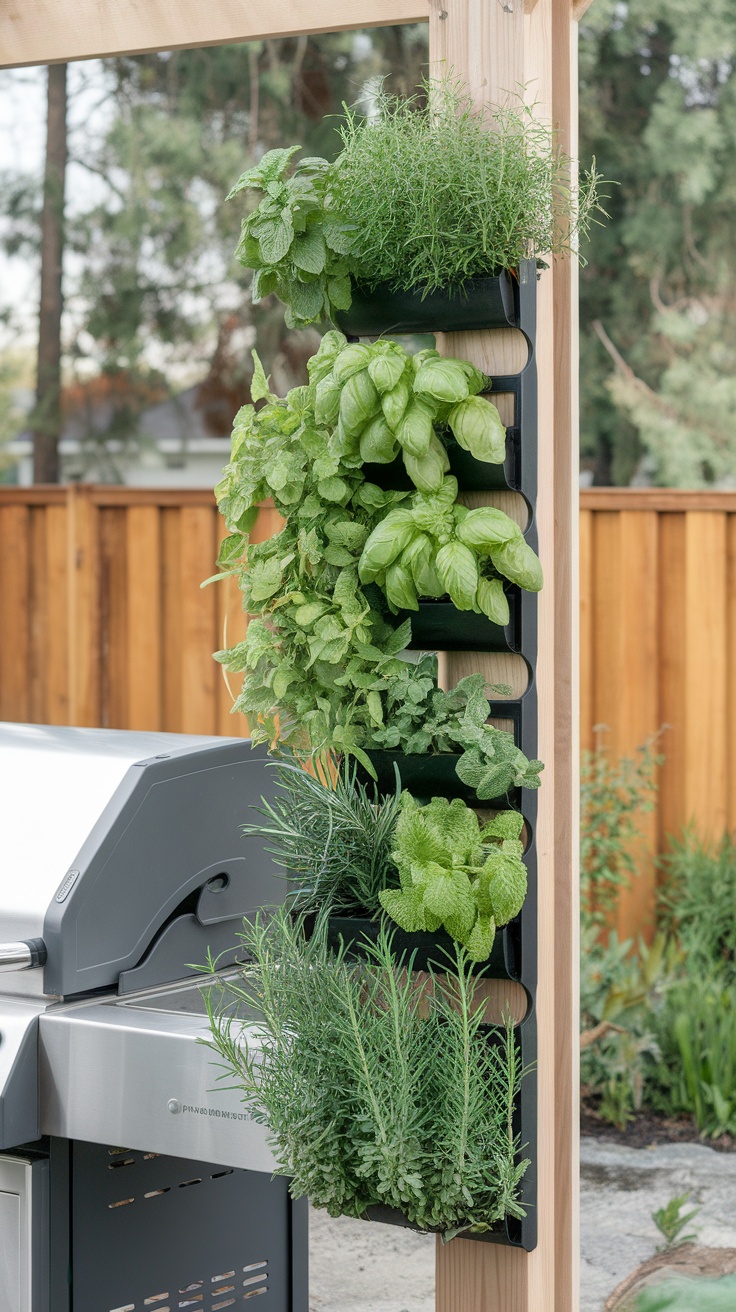 Vertical herb garden with various herbs near a grilling area.