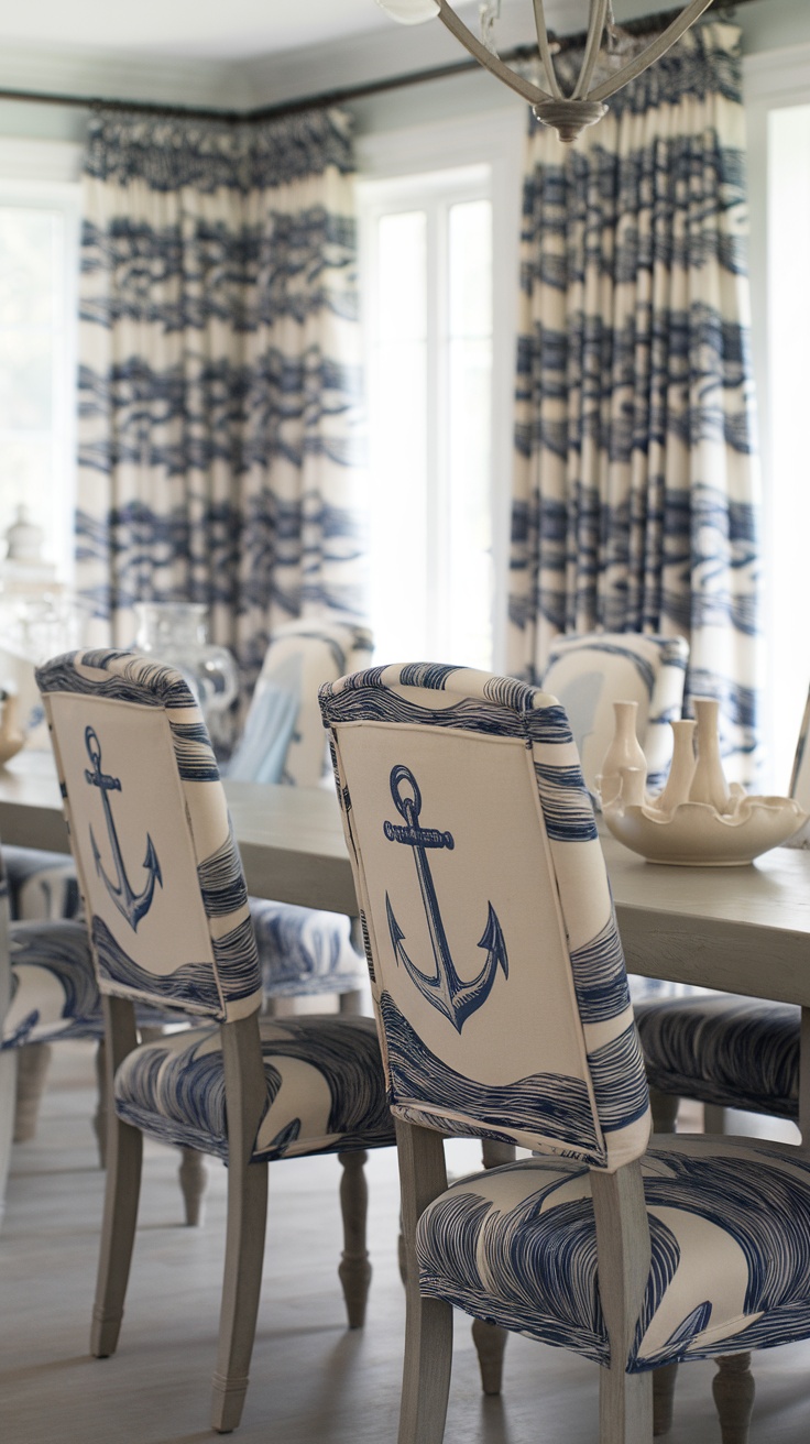 Coastal-themed dining room with anchor-patterned upholstery and wave-patterned curtains.
