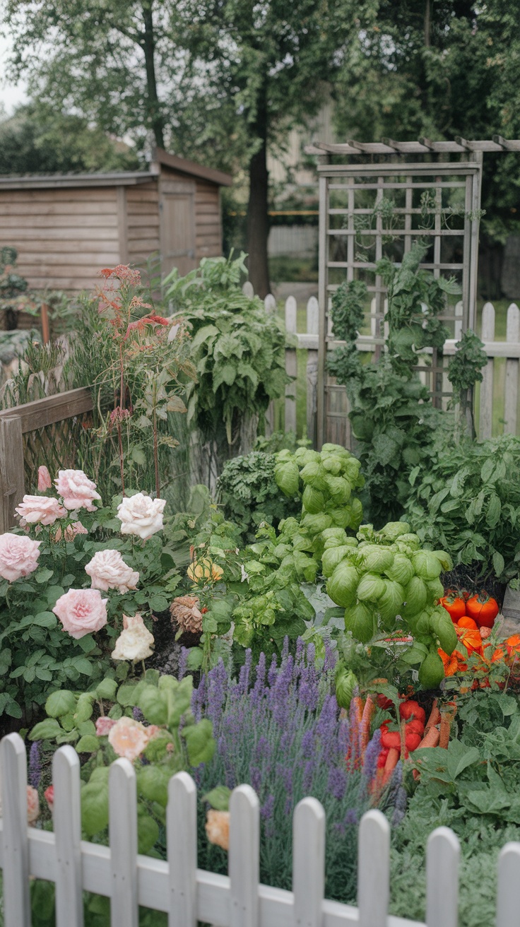 A small garden with colorful flowers and various edible plants like lettuce, tomatoes, and carrots.