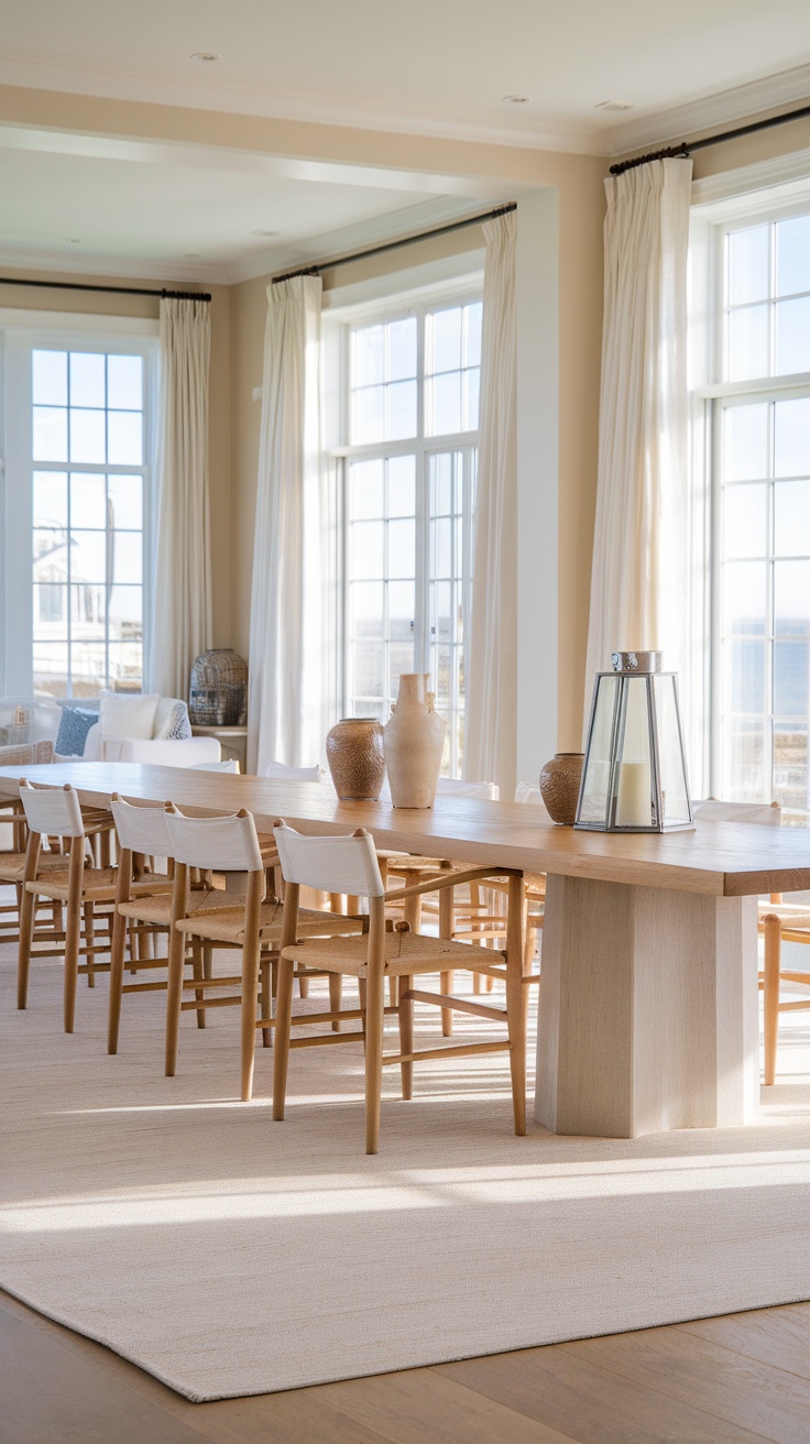 A bright coastal dining room featuring large windows and a natural wood table.