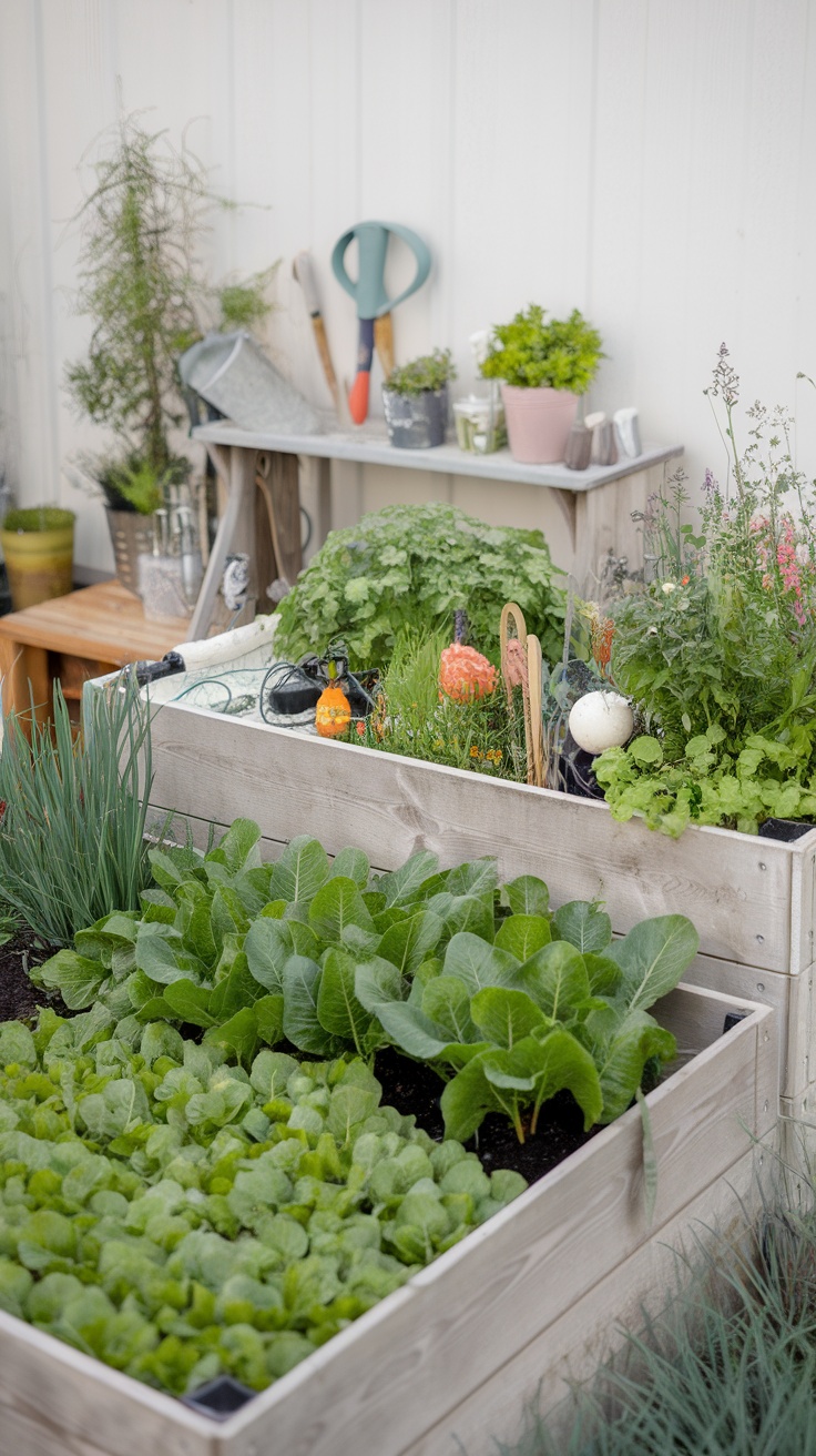 A small garden featuring raised beds with various greens and herbs, alongside gardening tools and potted plants.