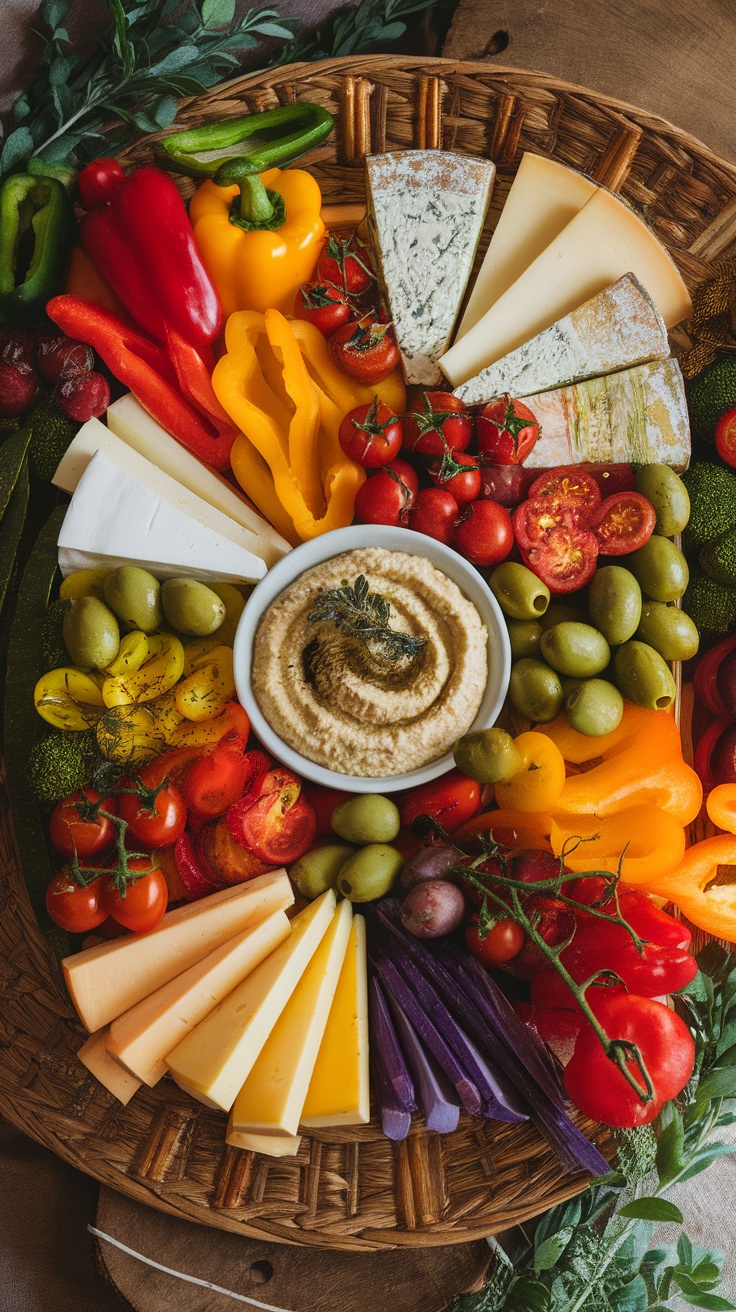 A vibrant vegetarian charcuterie board featuring colorful vegetables, cheeses, and hummus.