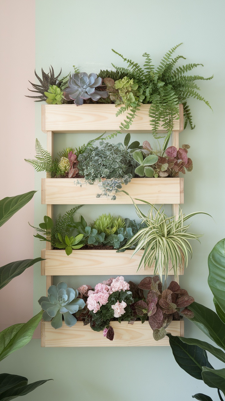 A vertical garden system with various plants in wooden shelves against a light green wall.