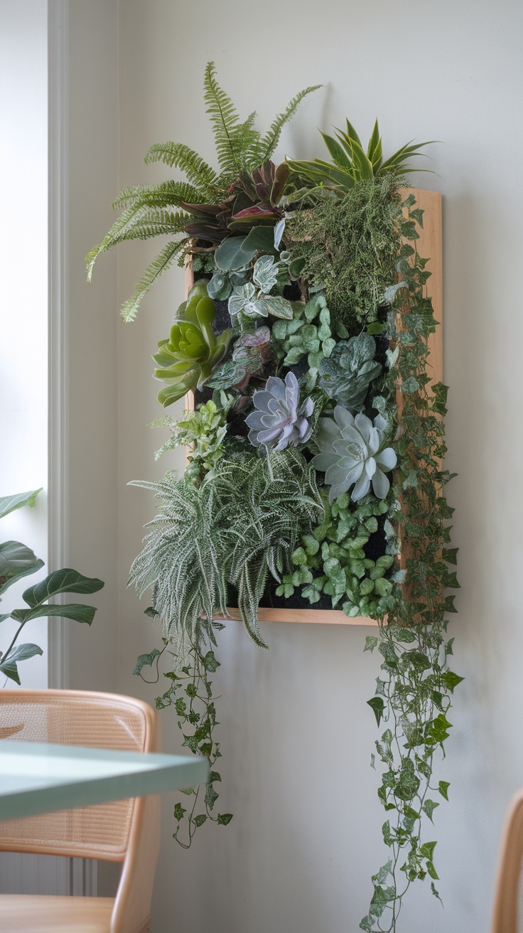 A vertical planter wall filled with various succulents and ferns, displaying a mix of vibrant green plants.