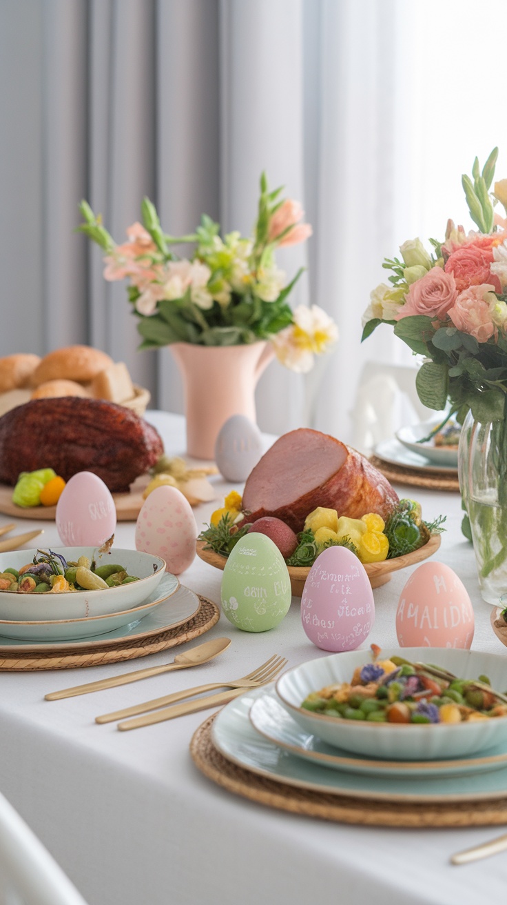 A beautifully set Easter table with vibrant eggs, fresh flowers, and delicious food.