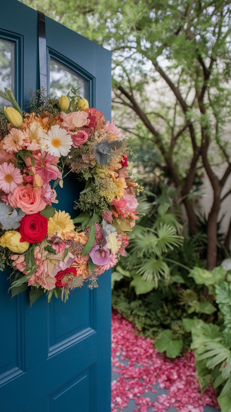 A vibrant floral wreath made of colorful flowers hanging on a blue door, with lush greenery and pink petals on the ground.