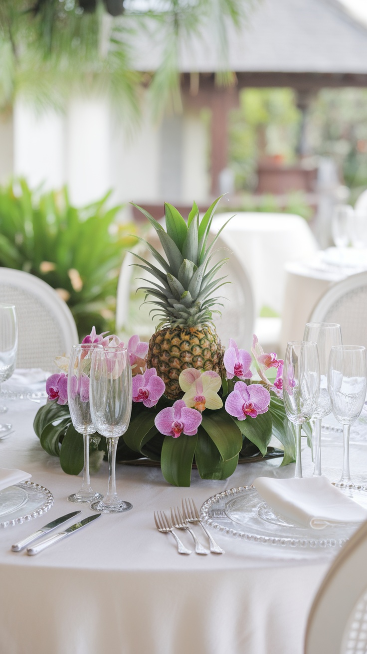 A table centerpiece featuring a pineapple surrounded by pink and yellow orchids.