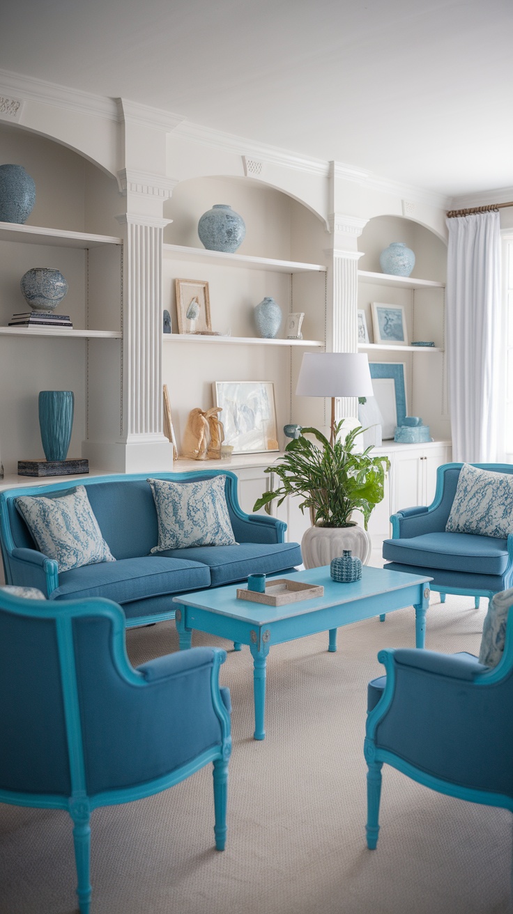 A bright blue vintage living room with blue furniture and decorative elements.