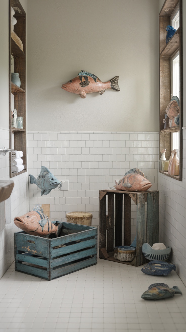 A coastal-themed bathroom featuring vintage fish decor and rustic wooden crates.