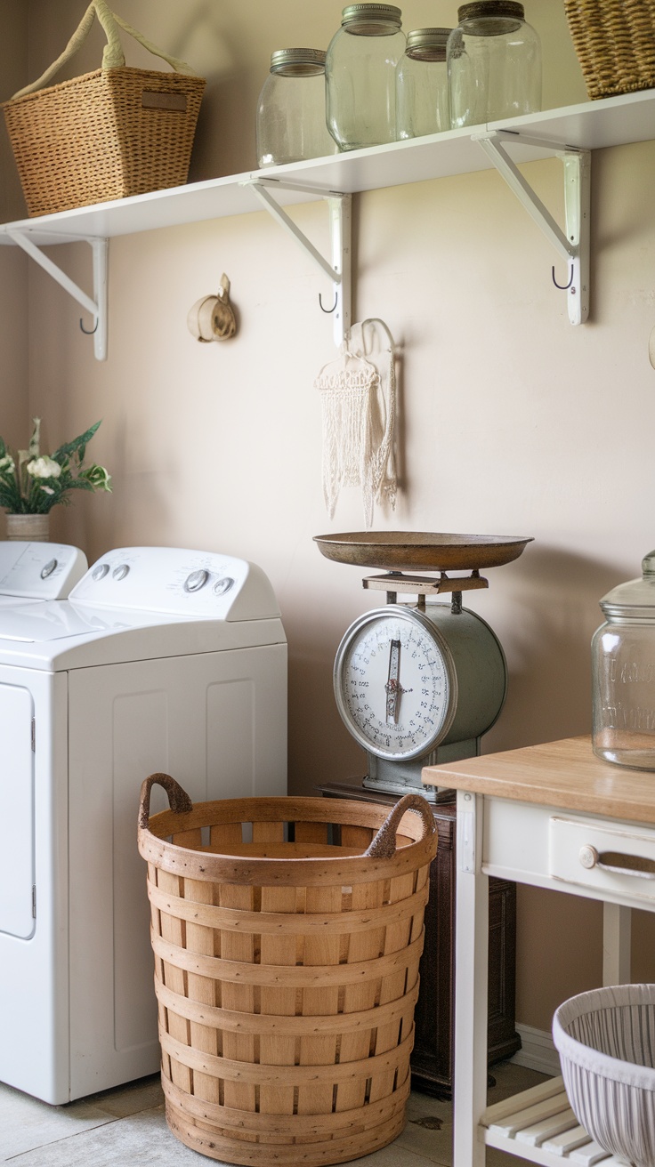 A farmhouse laundry room with vintage decor accents including a wooden laundry basket and classic scale.