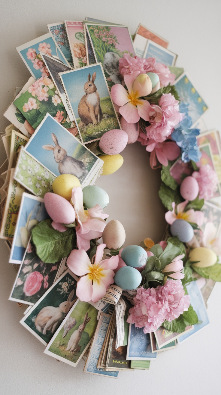 A vintage Easter wreath decorated with cards featuring bunnies and flowers, pastel eggs, and colorful blooms.