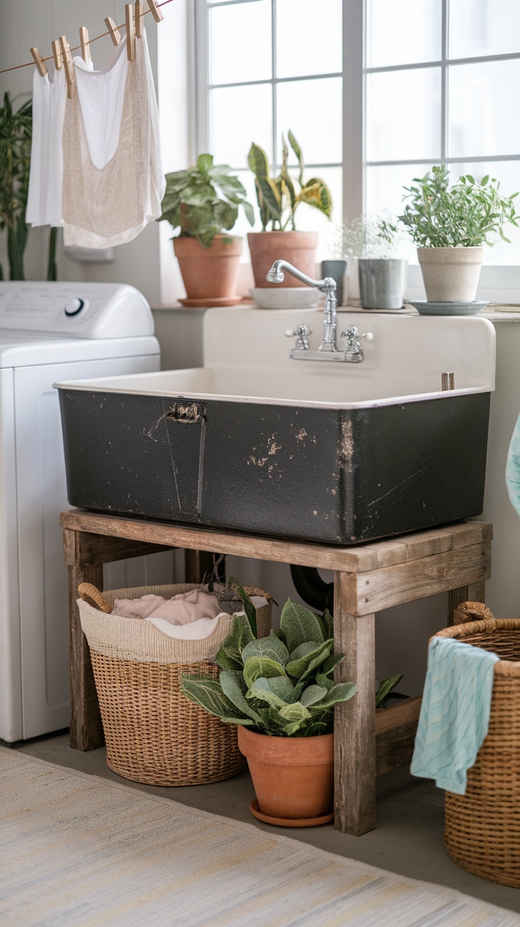 A vintage farmhouse sink set in a light and airy laundry room with potted plants and baskets.