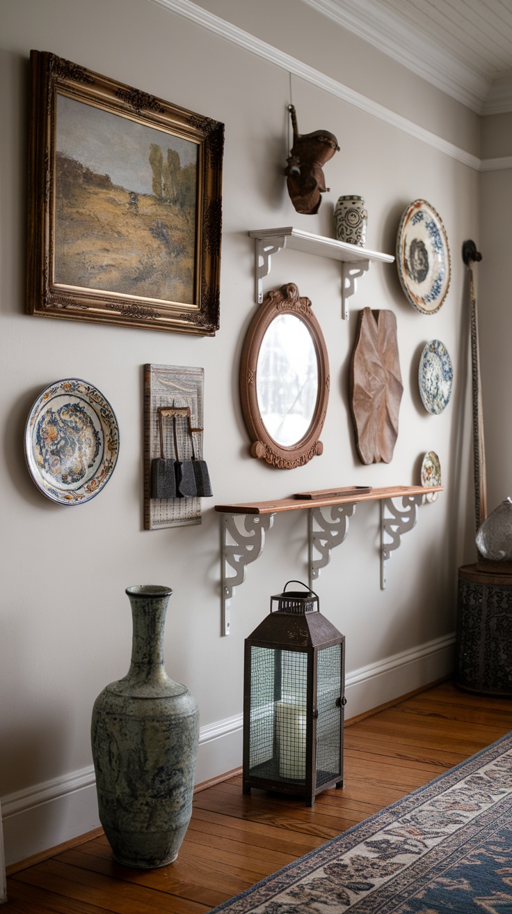 A cozy gallery wall featuring vintage art, mirrors, and decorative items.