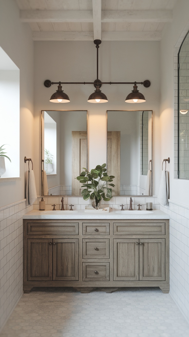 A modern farmhouse bathroom featuring vintage lighting fixtures, with a wooden vanity and mirrors.