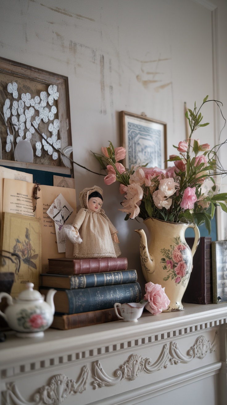 A vintage mantel decorated with books, a teapot, flowers, and a doll.