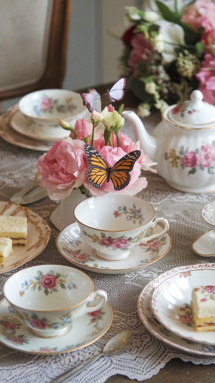 A vintage tea party setup featuring floral teacups, pink flowers, and sweet treats.