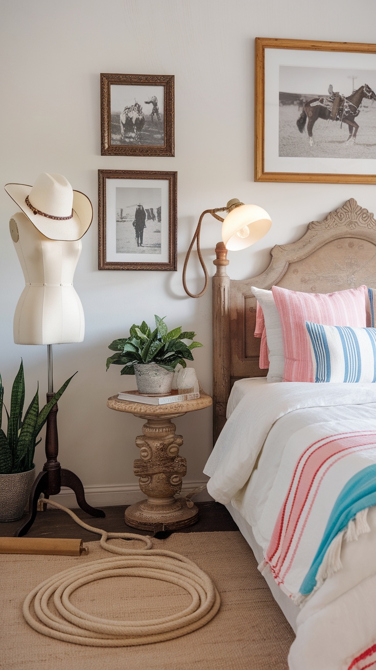 A coastal cowgirl bedroom featuring vintage Western decor, including framed photos, a rustic lamp, and a cowboy hat.