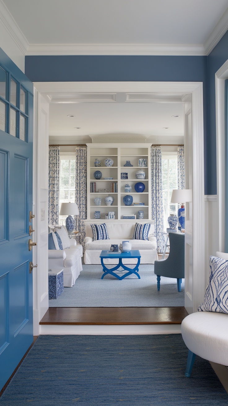 A bright blue entryway leading into a stylish living room with blue and white decor.