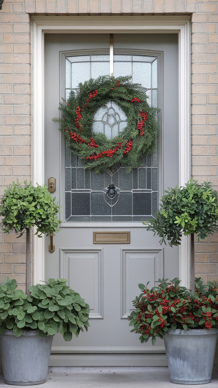 A front door decorated with a wreath and potted plants.