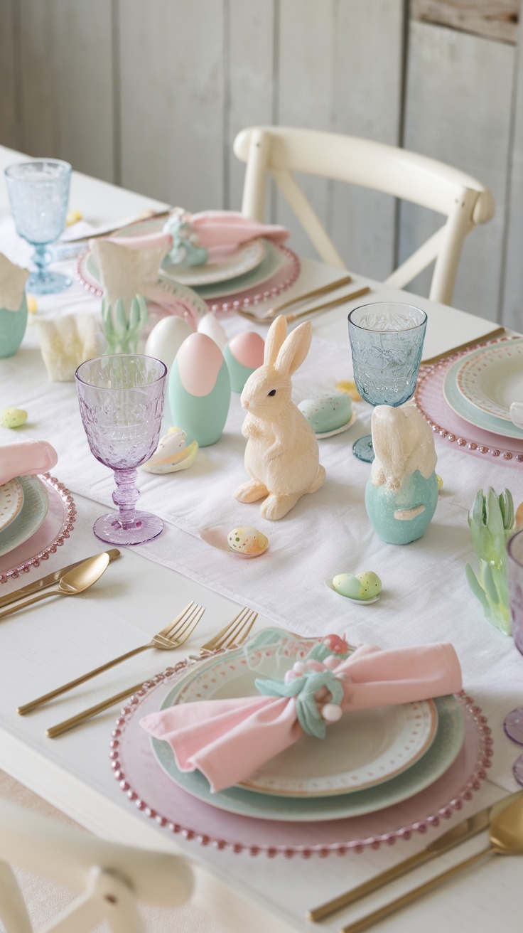 A beautifully set Easter table with bunny figurines and pastel decorations.