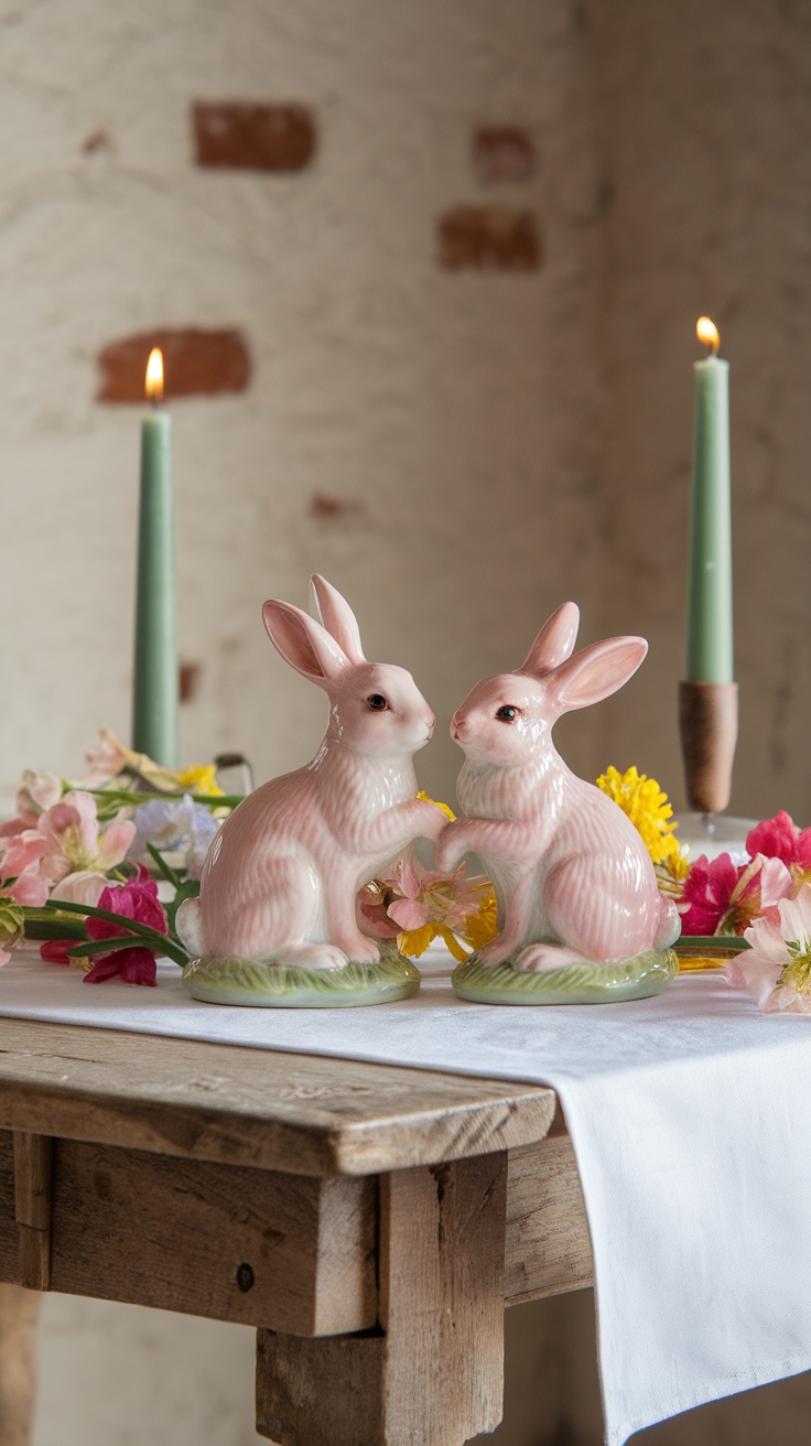 Two pink bunny figurines surrounded by colorful flowers and candles on a wooden table.