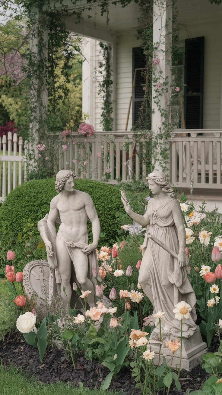 Whimsical garden statues featuring a knight on a unicorn and a dragon with flames, surrounded by colorful flowers