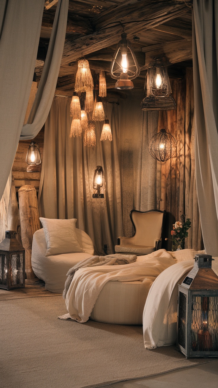 Coastal cowgirl bedroom featuring various whimsical lighting fixtures
