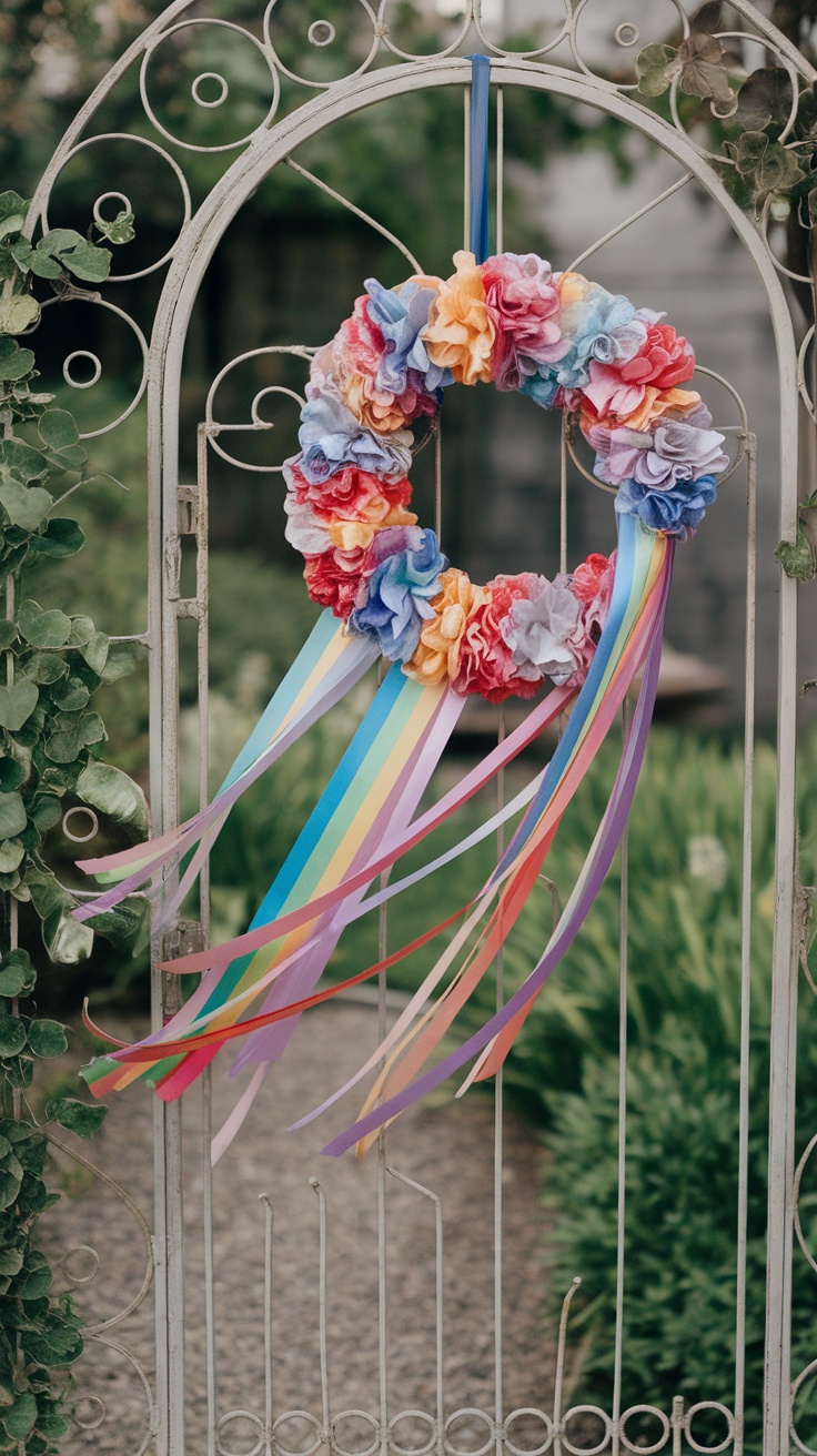 A colorful fabric wreath with rainbow ribbons hanging on a decorative gate.