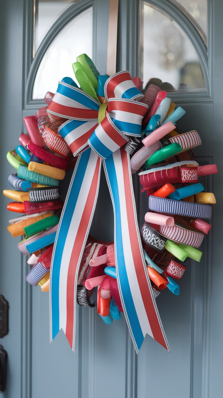 Easter wreath with colorful ribbons and a large bow on a door.