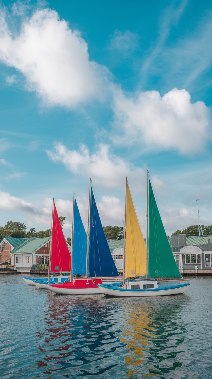 A vibrant collection of sailboats in various colors on a calm water surface.