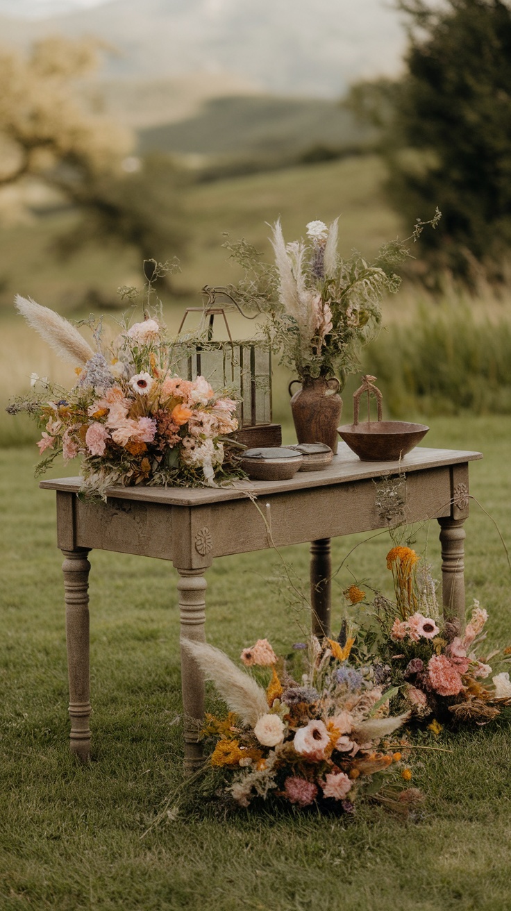 A rustic table decorated with wildflower bouquets and vintage items.