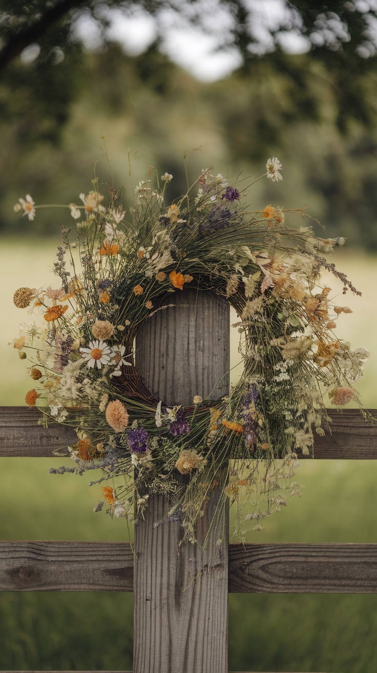 A rustic wildflower wreath made with various dried flowers hanging on a wooden fence.