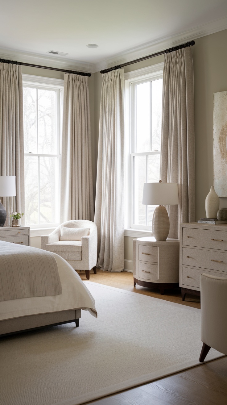 Neutral bedroom with soft curtains and modern furniture