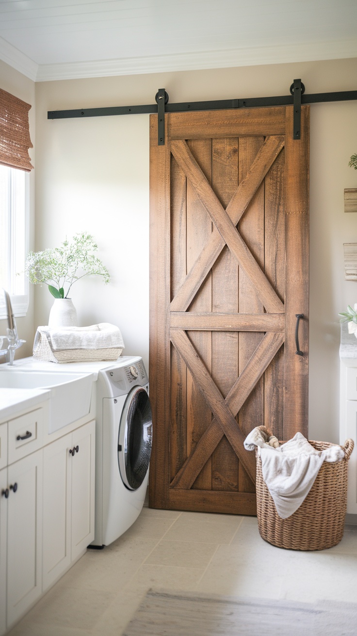 A wooden barn door accent in a stylish laundry room with a washing machine and wicker basket.