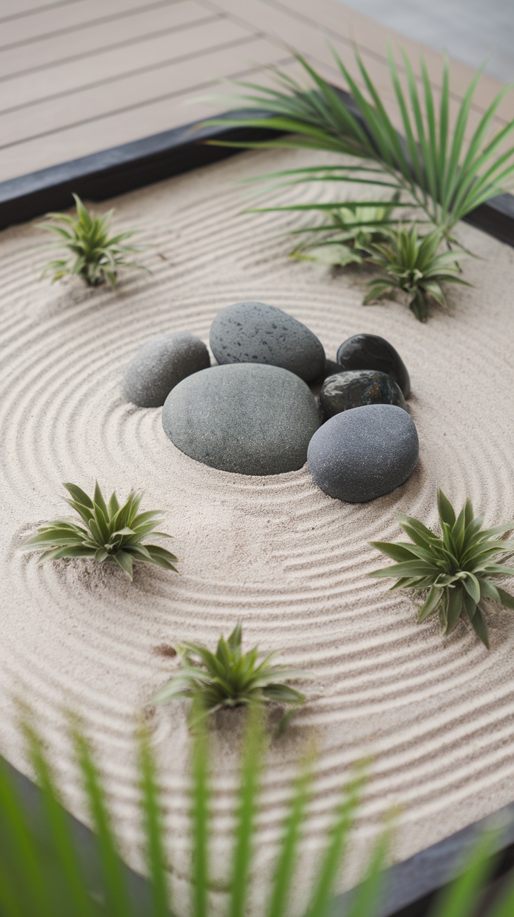 A zen garden featuring sand, smooth stones, and tropical plants.