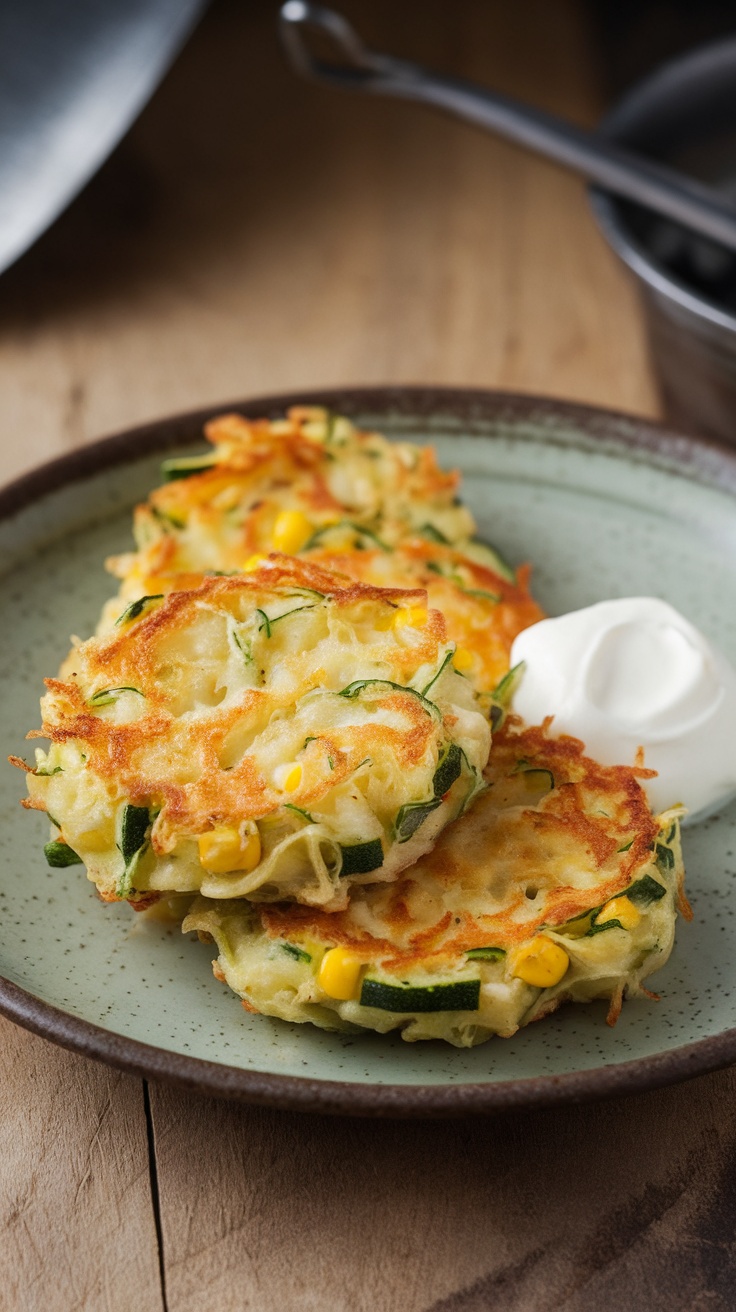 A plate of zucchini and corn fritters with a side of sour cream.